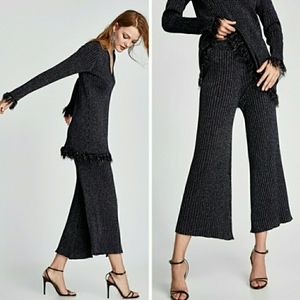 NEW Zara Knit Ribbed Cropped Flare Glitter Pants